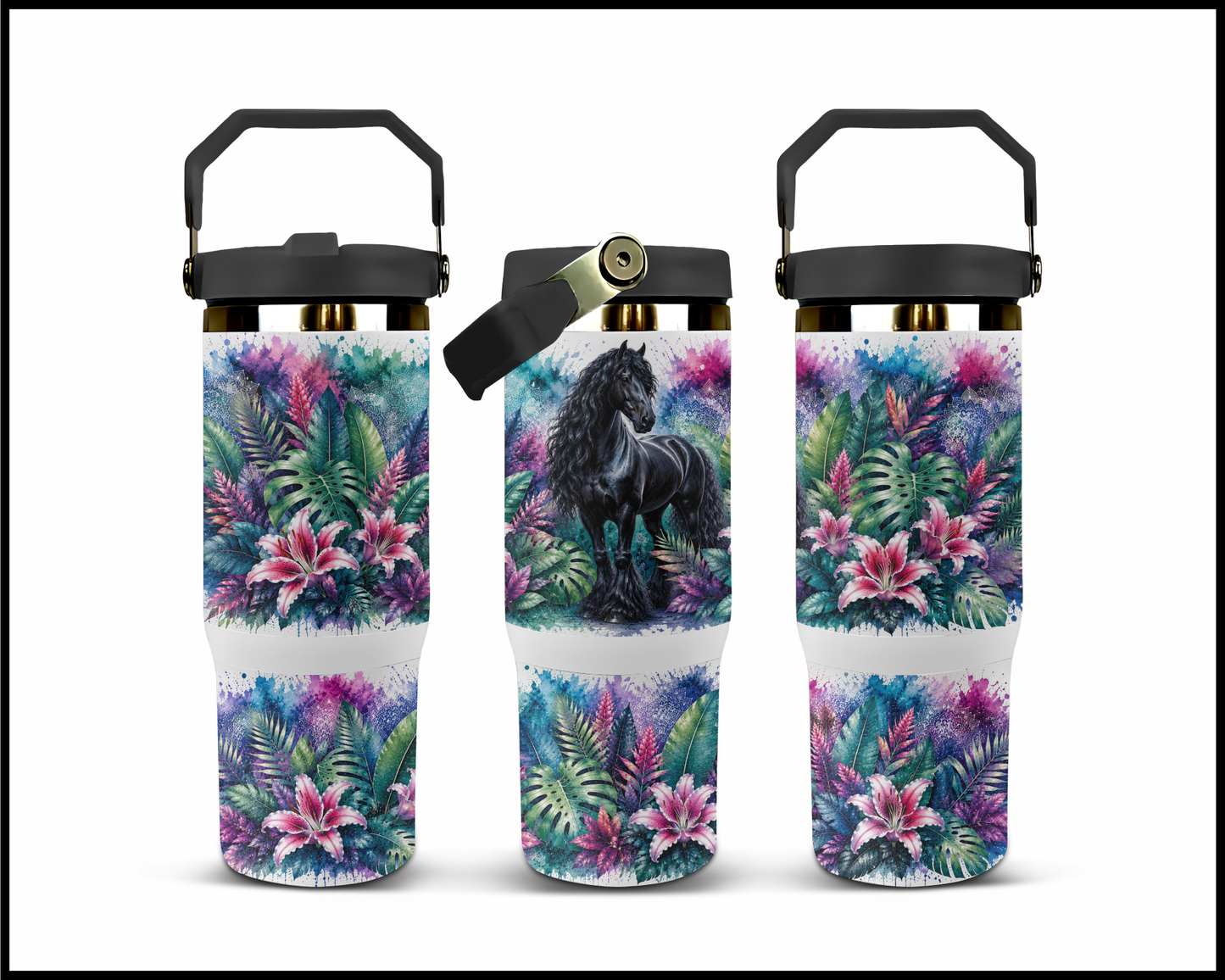 Botanical Bliss - Friesian Horse Big Guzzler Stainless Steel Tumbler (1261)