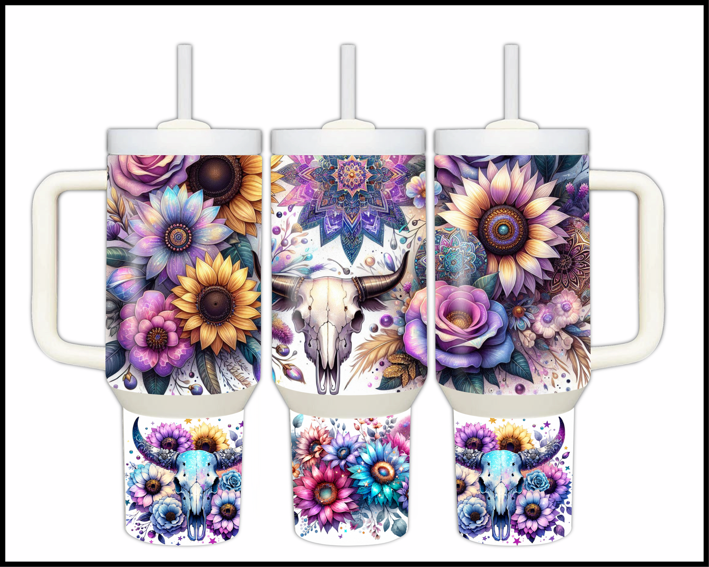 Boho Bramble & Bull Skull Stainless Steel Big 40oz Tumbler (064)