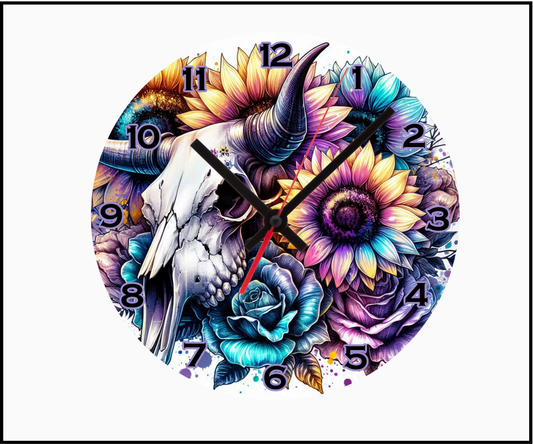 Side Glance Bull Skull Sublimated Clock (Round 005)