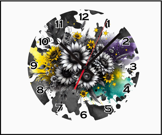 Greyscale Sunflower Sublimated Clock (Round 040)