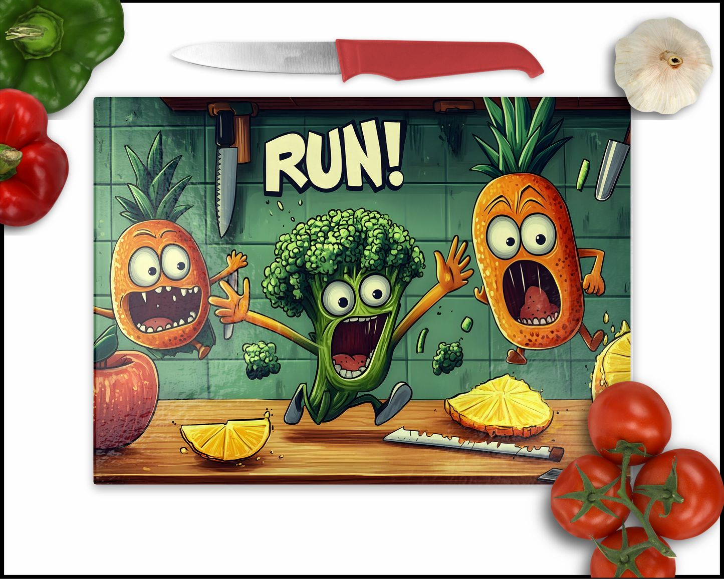 'Run' Comedy Veggies Sublimated Cutting Board (046)