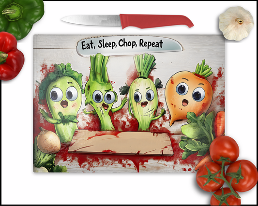 Eat Sleep Chop Retreat Comedy Veggies Sublimated Cutting Board (053)