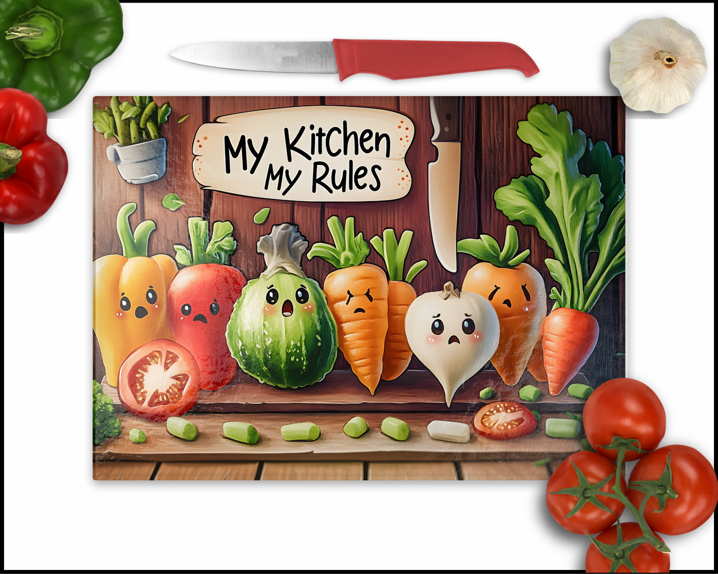 My Kitchen My Rules Comedy Veggies Sublimated Cutting Board (055)