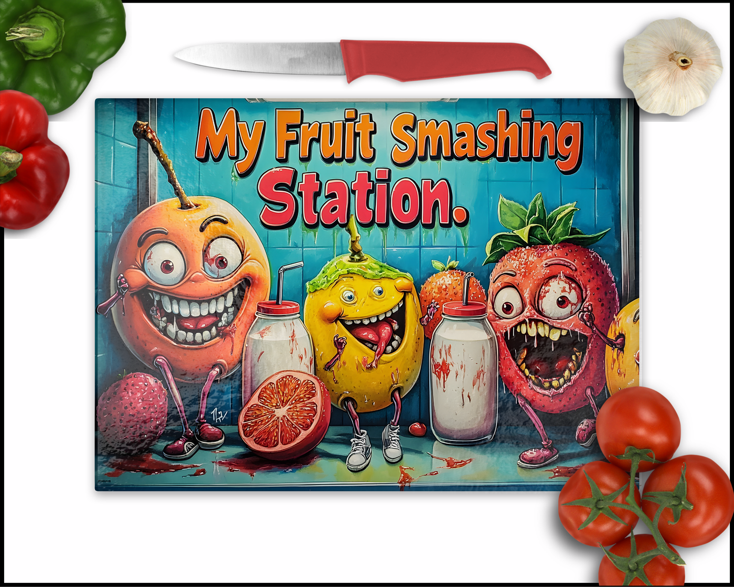 My Fruit Smashing Station Comedy Veggies Sublimated Cutting Board (056)