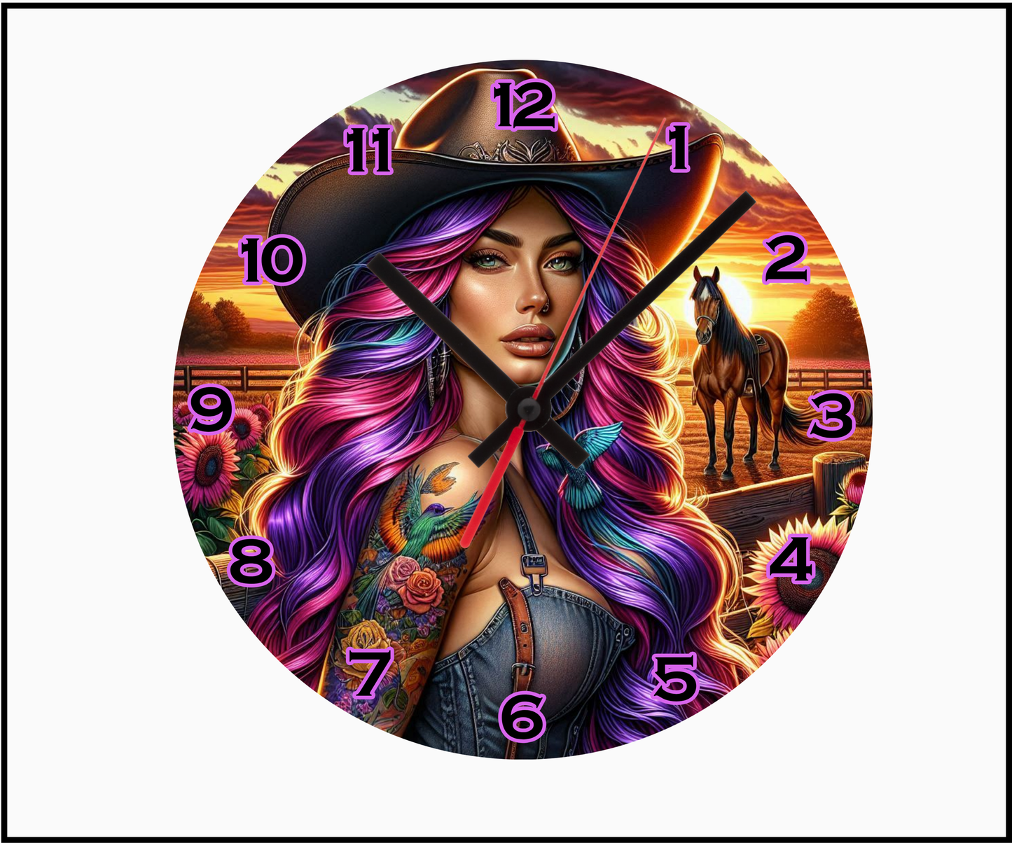 Neon Cowgirl Sublimated Clock (Round 075)