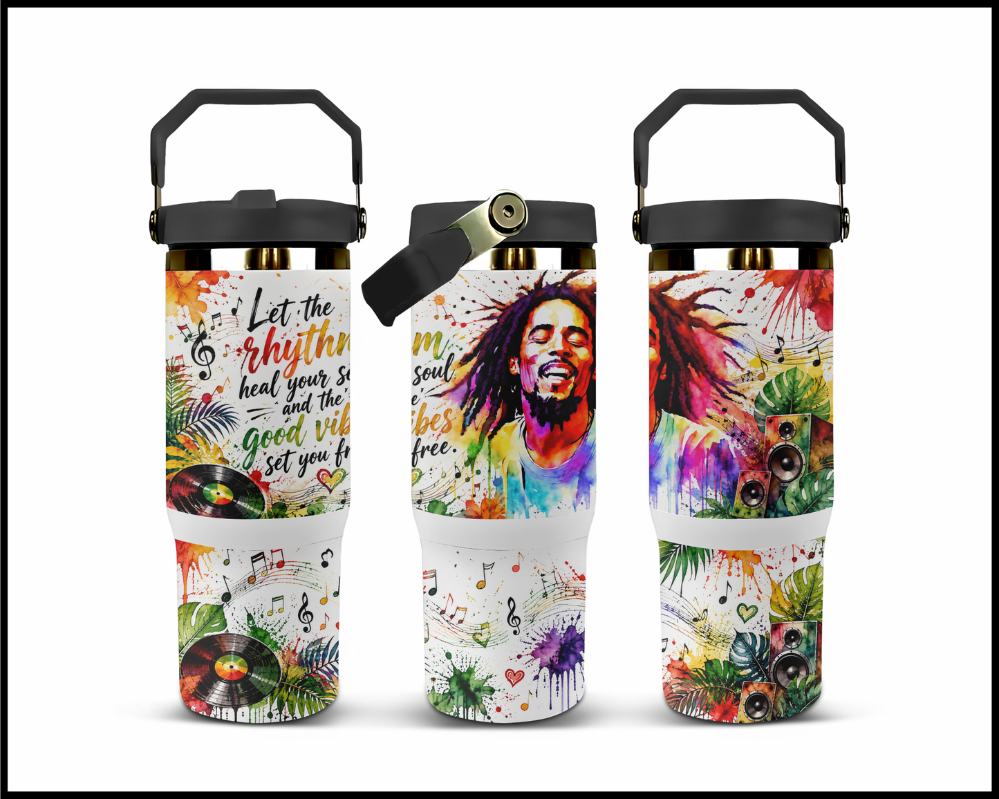 Bob Marley - Let The Rhythm Heal Your Soul and The Good Vibes Set You Free Big Guzzler Stainless Steel Tumbler (1000)