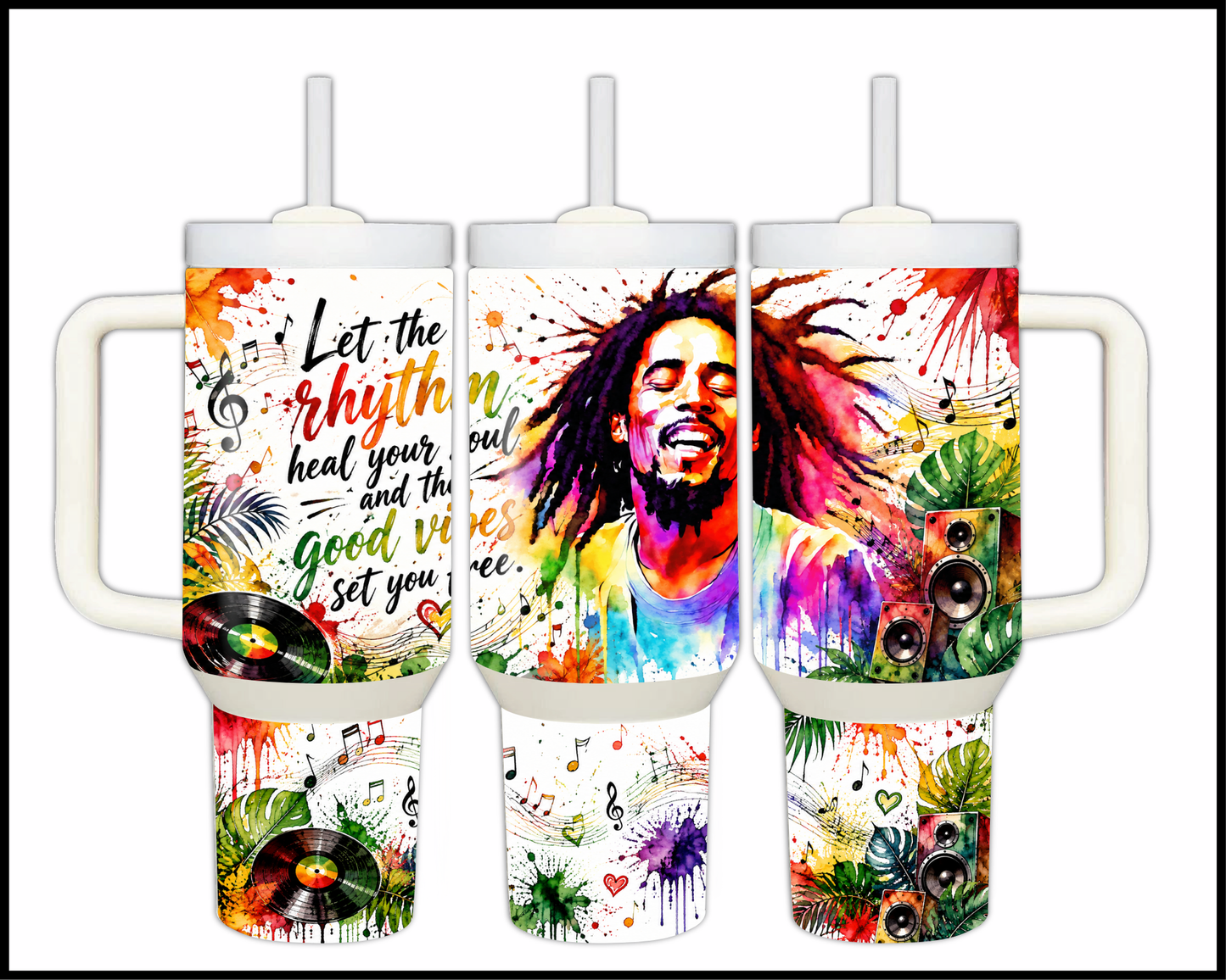 Bob Marley - Let The Rhythm Heal Your Soul and The Good Vibes Set You Free Big Guzzler Stainless Steel Tumbler (1000)
