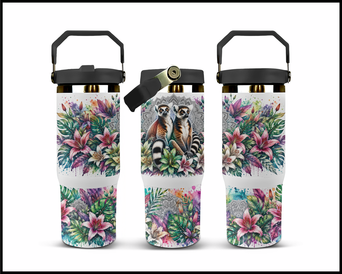 Botanical Bliss - Ring Tailed Lemurs Big Guzzler Stainless Steel Tumbler (1229)