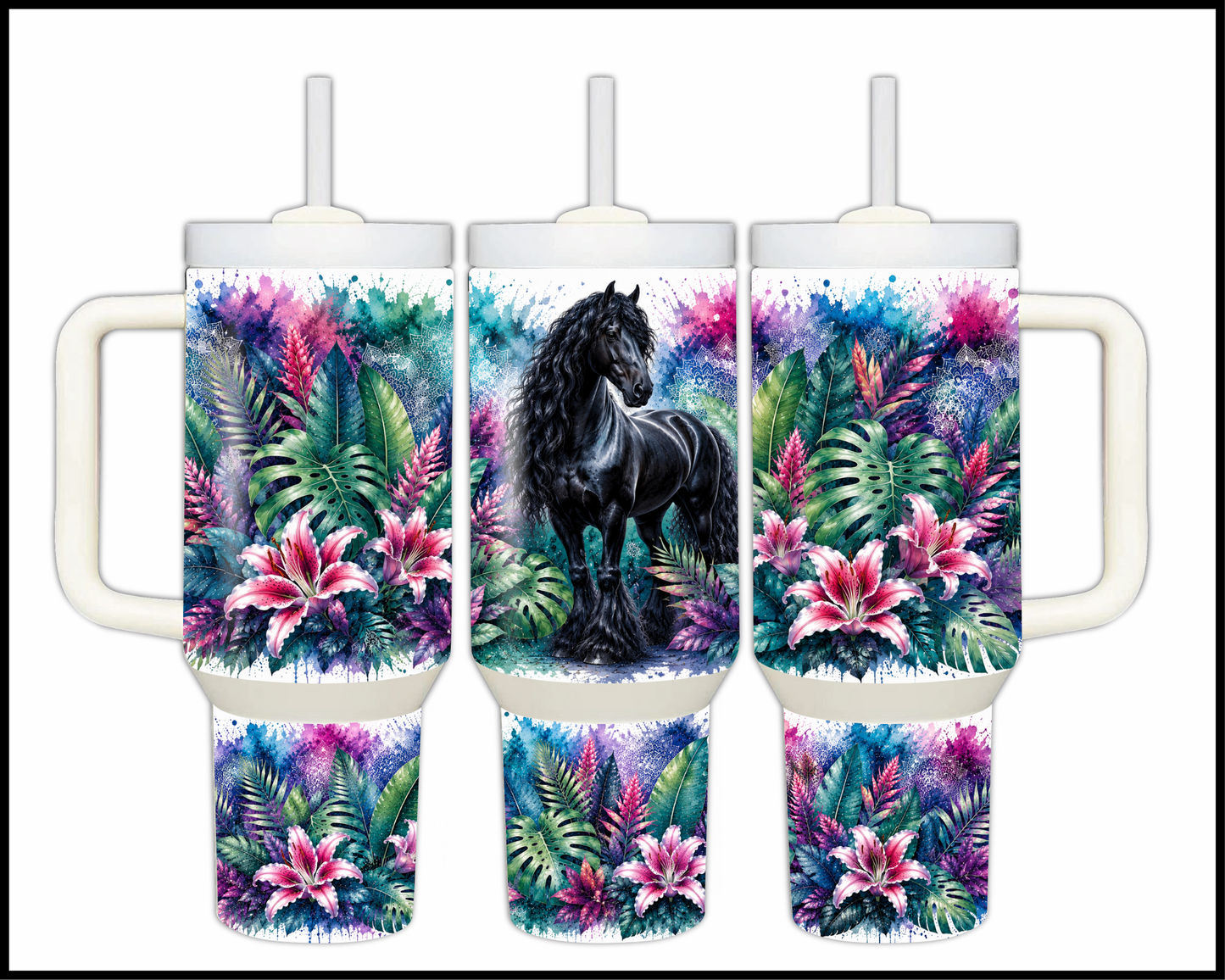 Botanical Bliss - Friesian Horse Big Guzzler Stainless Steel Tumbler (1261)