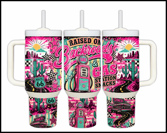 Raised On Backroads & Gas Station Snacks Big Guzzler Stainless Steel Tumbler (1298)