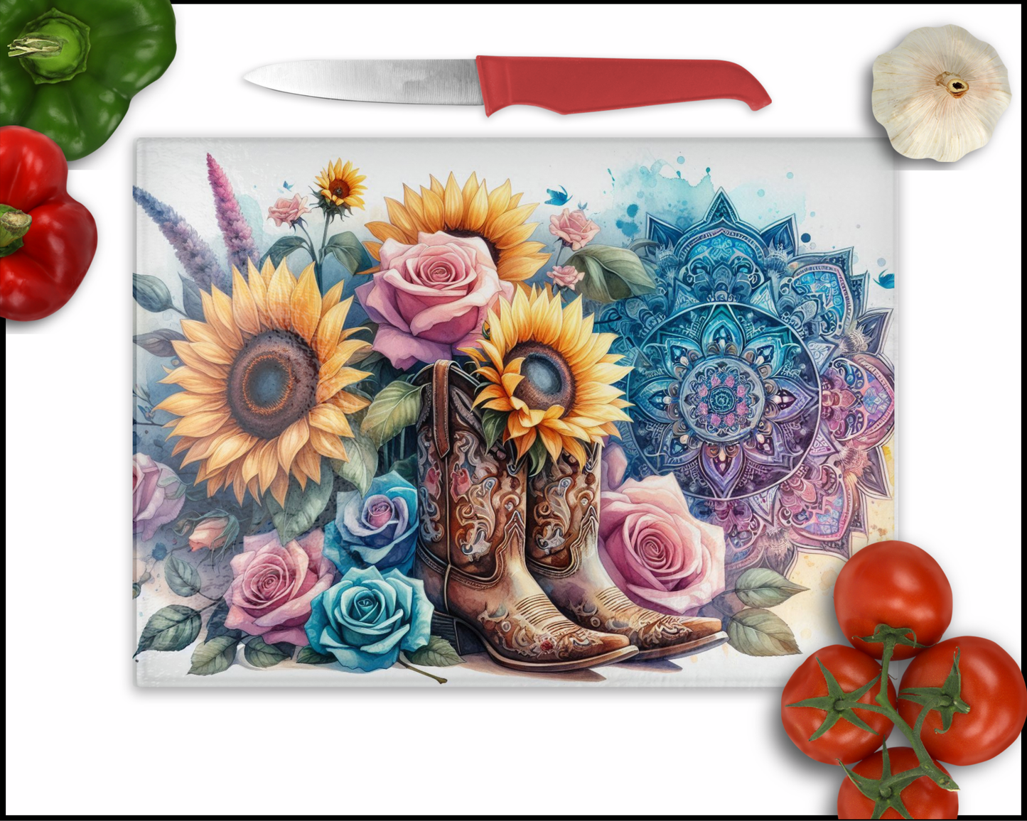 Western Floral Mandala Sublimated Cutting Board (147)