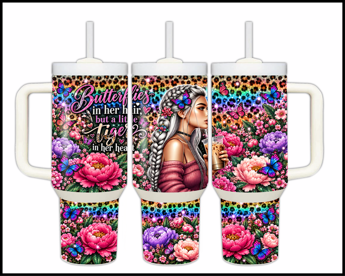 Butterflies In Her Hair A Little Tiger In Her Heart Stainless Steel Big Guzzler Tumbler (2055)