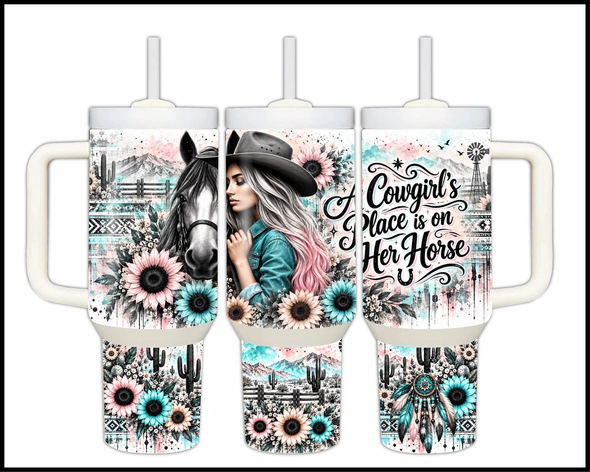A Cowgirls Place Is On Her Horse Stainless Steel Big Guzzler Tumbler (2078)