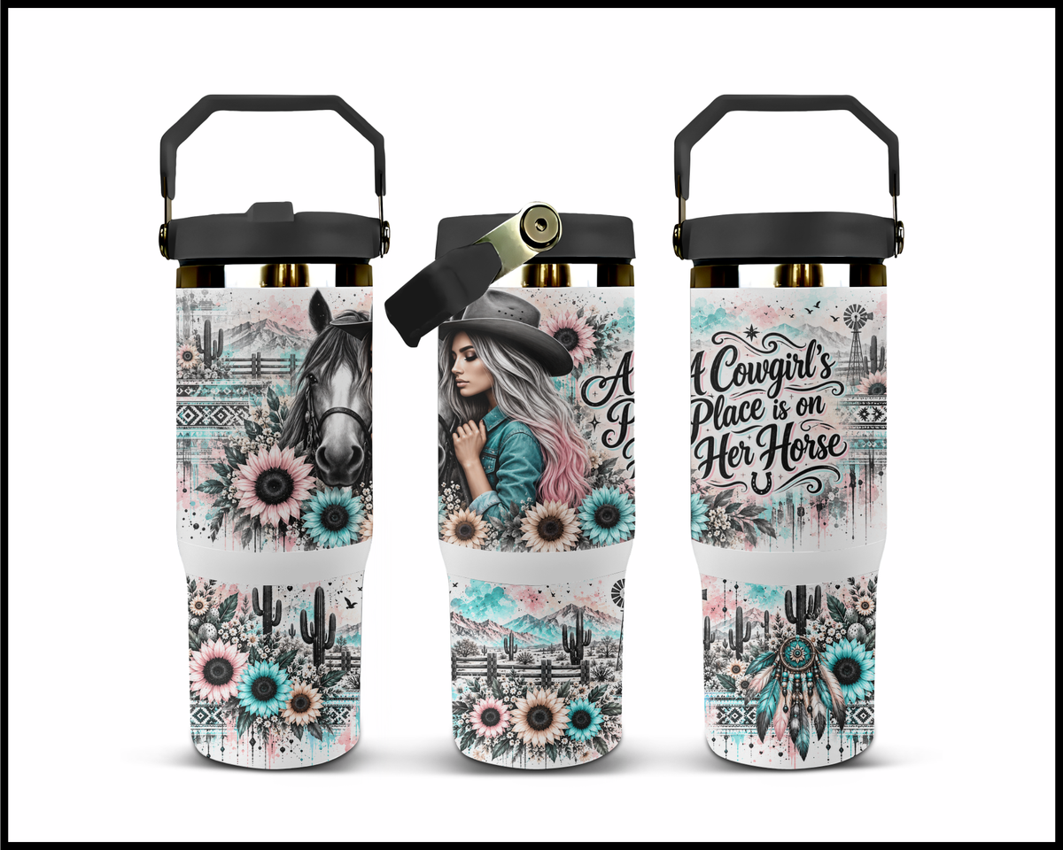 A Cowgirls Place Is On Her Horse Stainless Steel Big Guzzler Tumbler (2078)