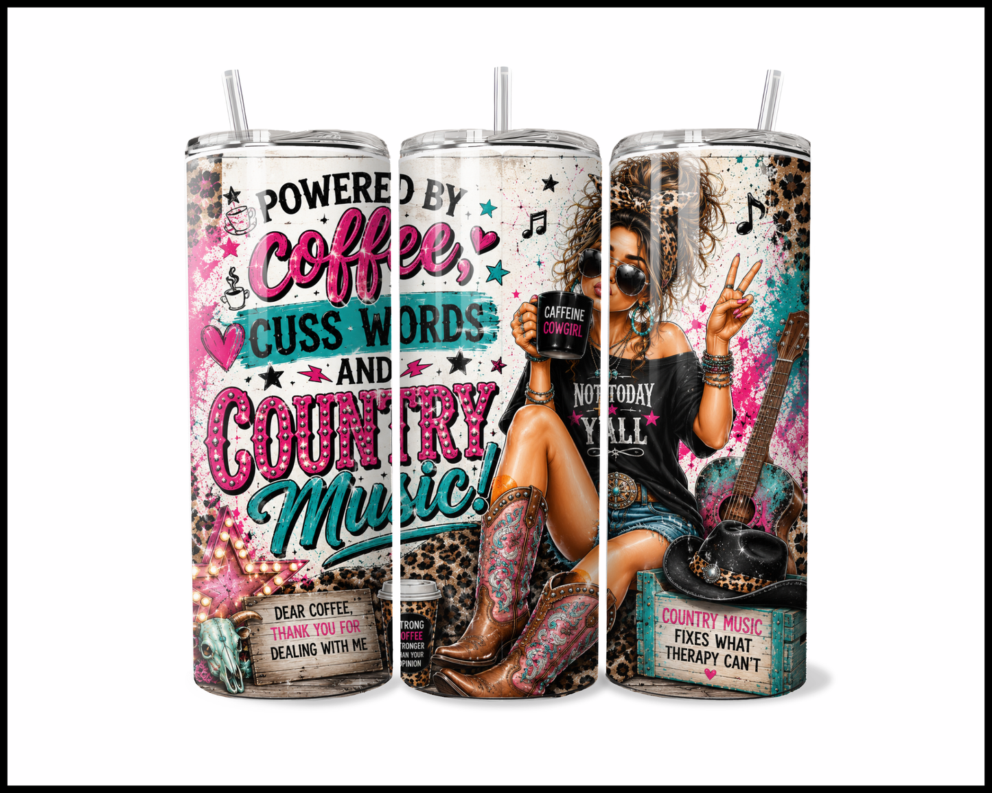 Powered By Coffee, Cuss Words and Country Music Tumbler (3838)