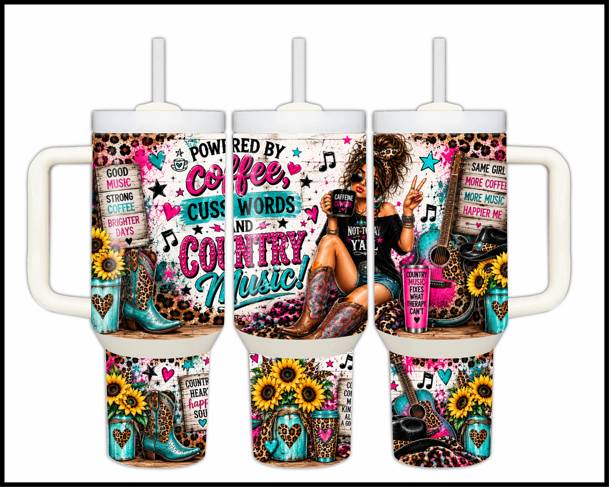 Powered By Coffee, Cuss Words and Country Music Stainless Steel Big Guzzler Tumbler (2104)