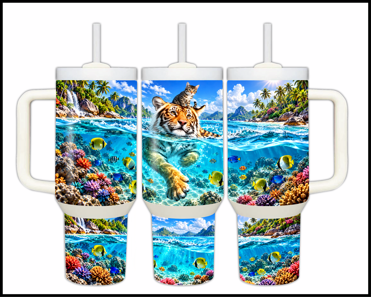 Kitty’s Tropical Reef Ride Stainless Steel Big Guzzler Tumbler (2188)