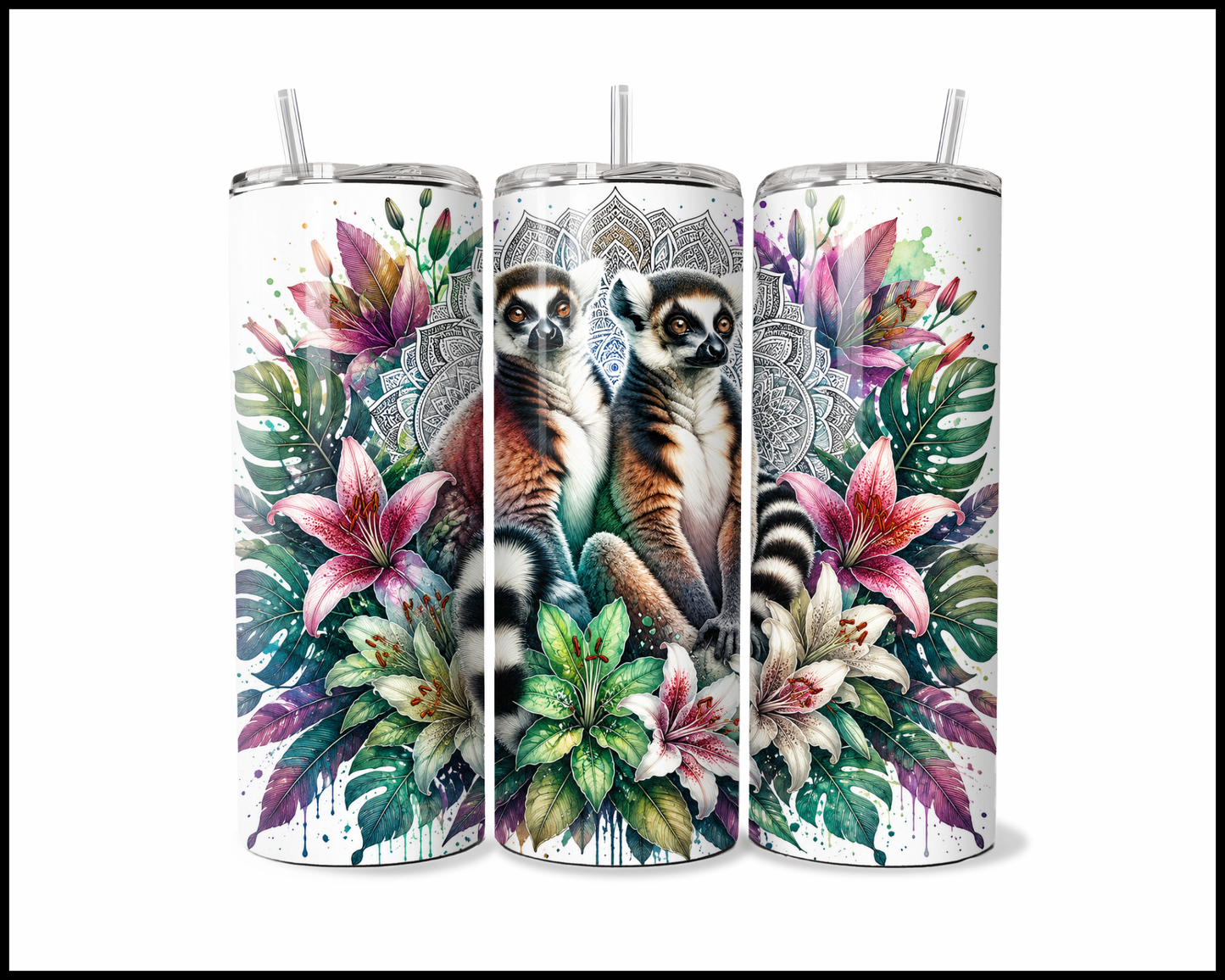 Botanical Bliss -Ring Tailed Lemurs Stainless Steel Tumbler (5827)