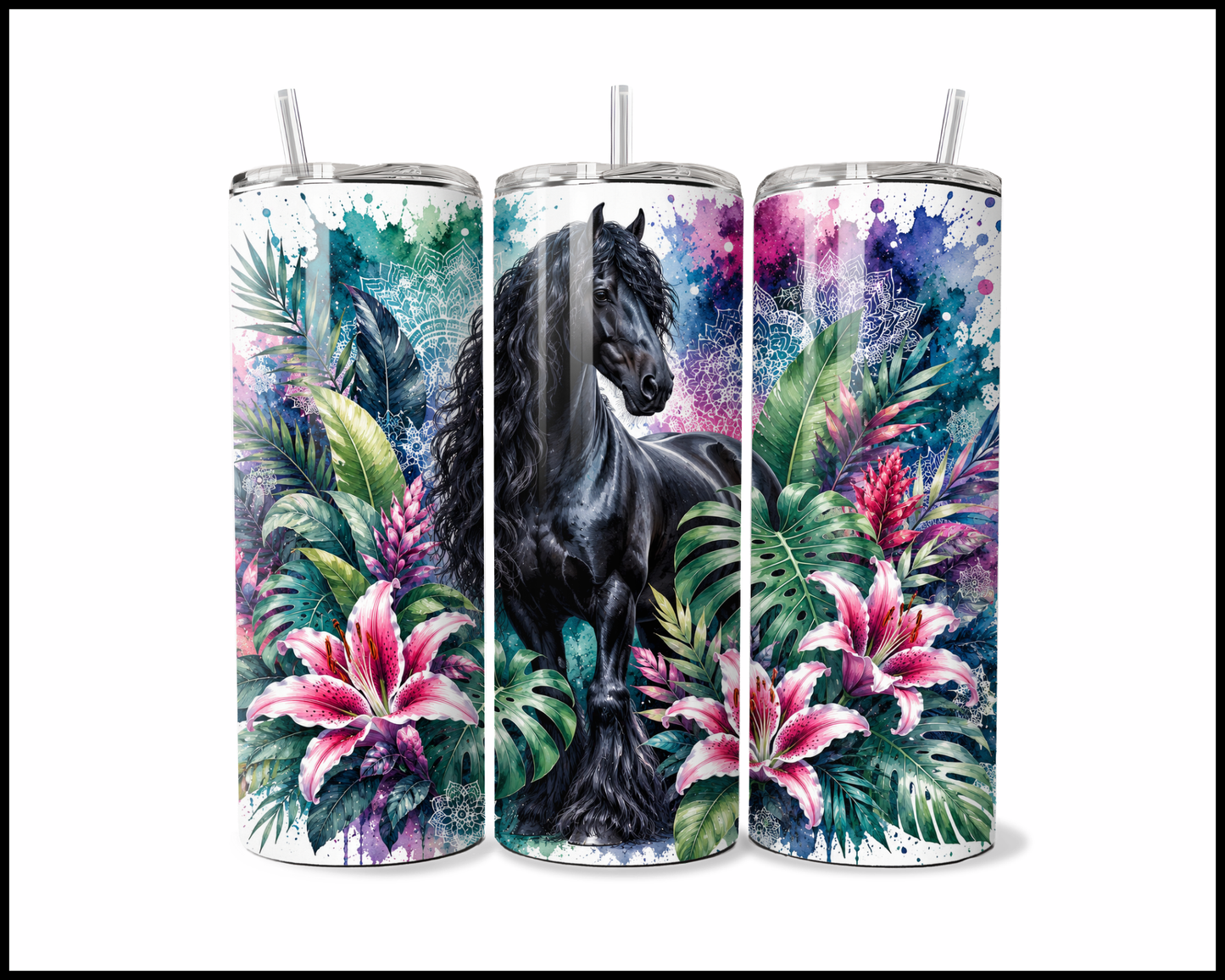 Botanical Bliss - Friesian Horse Stainless Steel Tumbler (5860)