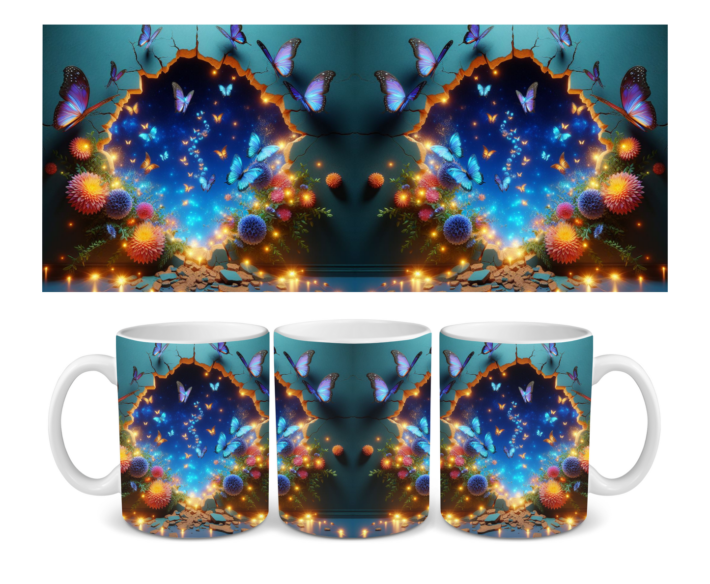 Blue 3D Effect Hole In A Wall Bioluminescent Butterfly Ceramic Mug