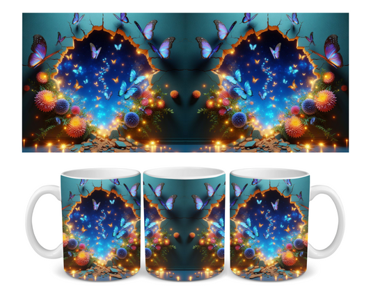 Blue 3D Effect Hole In A Wall Bioluminescent Butterfly Ceramic Mug