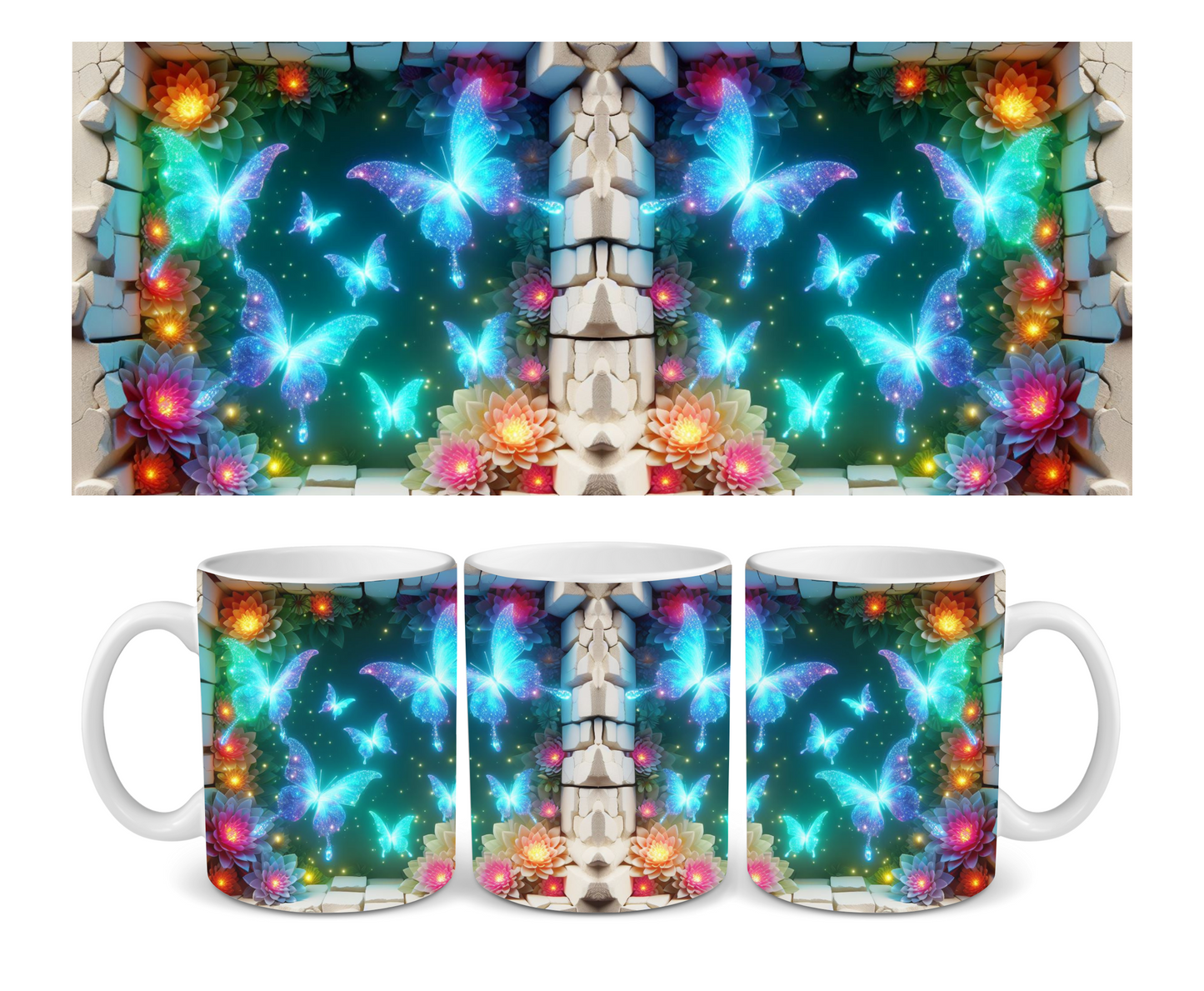 Teal 3D Effect Hole In A Wall Bioluminescent Butterfly Ceramic Mug