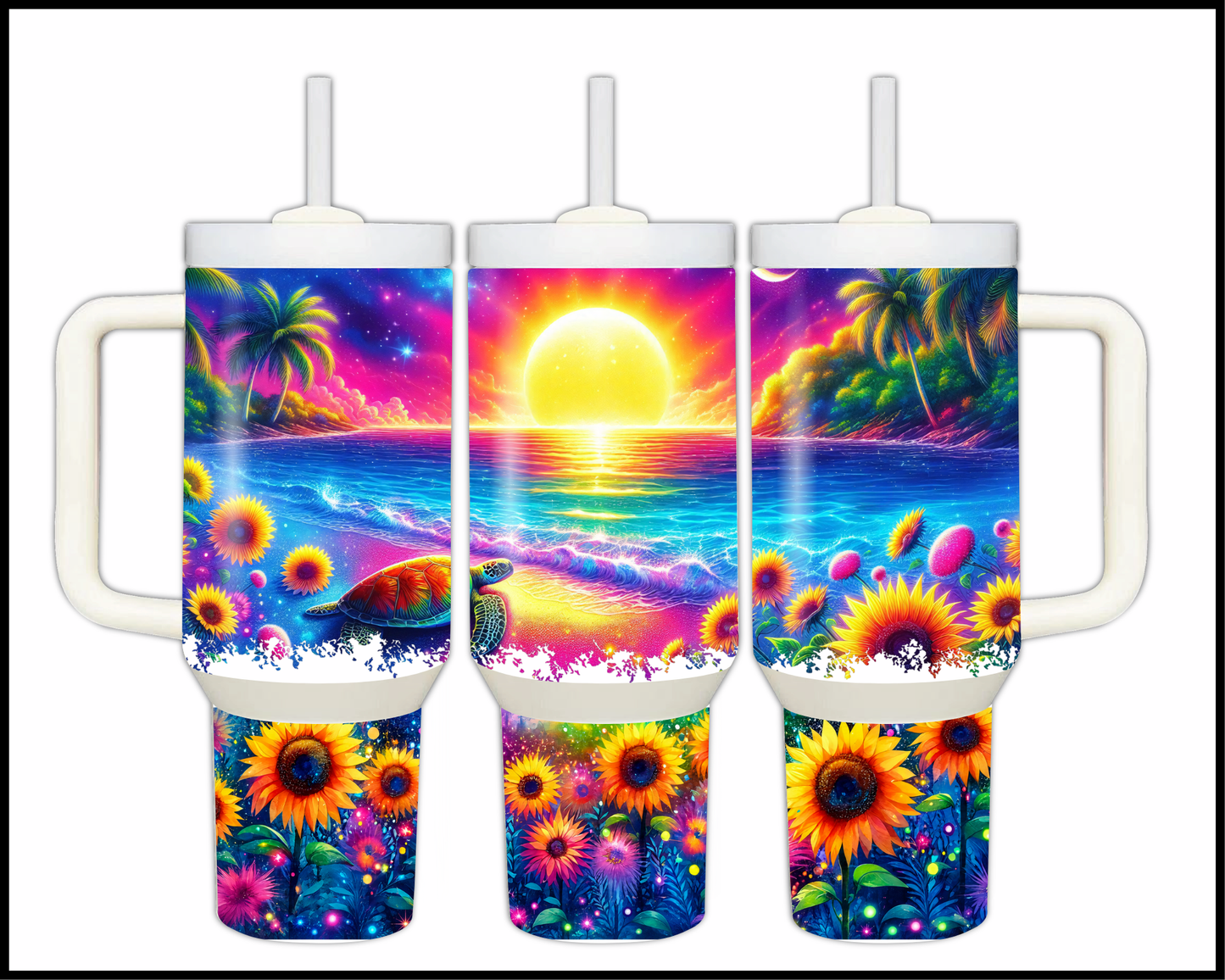 Whimsical Sunflower Sea Turtle Stainless Steel Big 40oz Tumbler (080)
