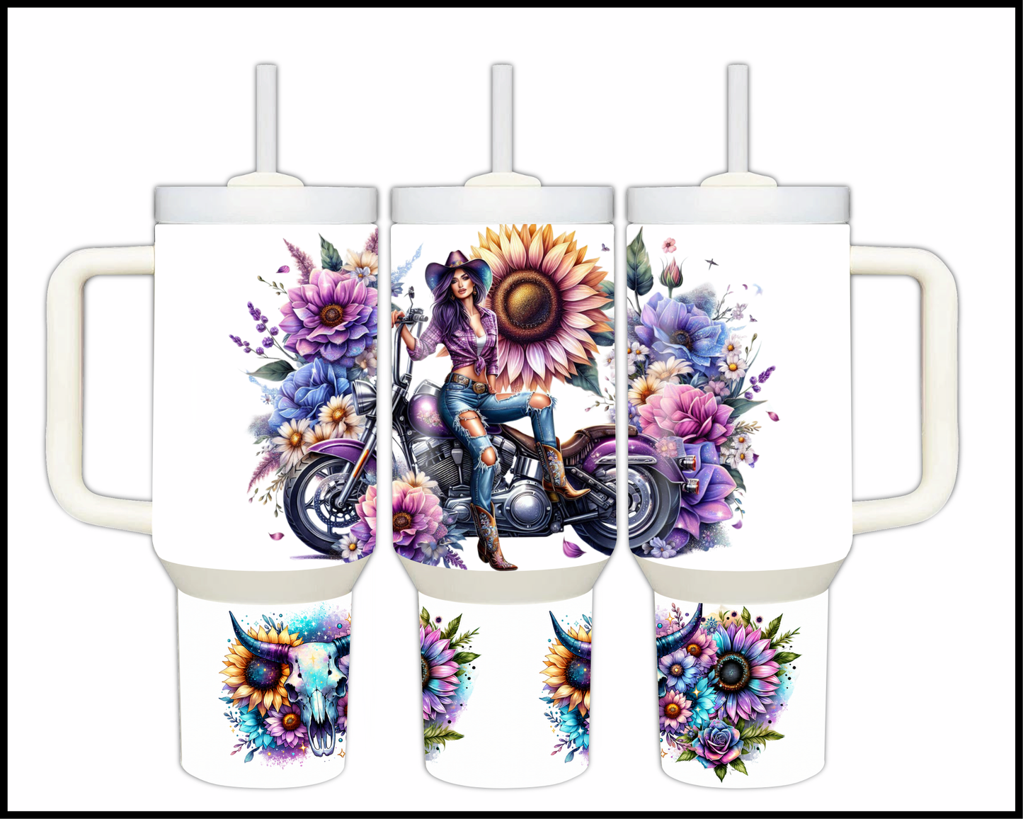 Boho Biker Blossom Stainless Steel Big 40oz Tumbler (085)